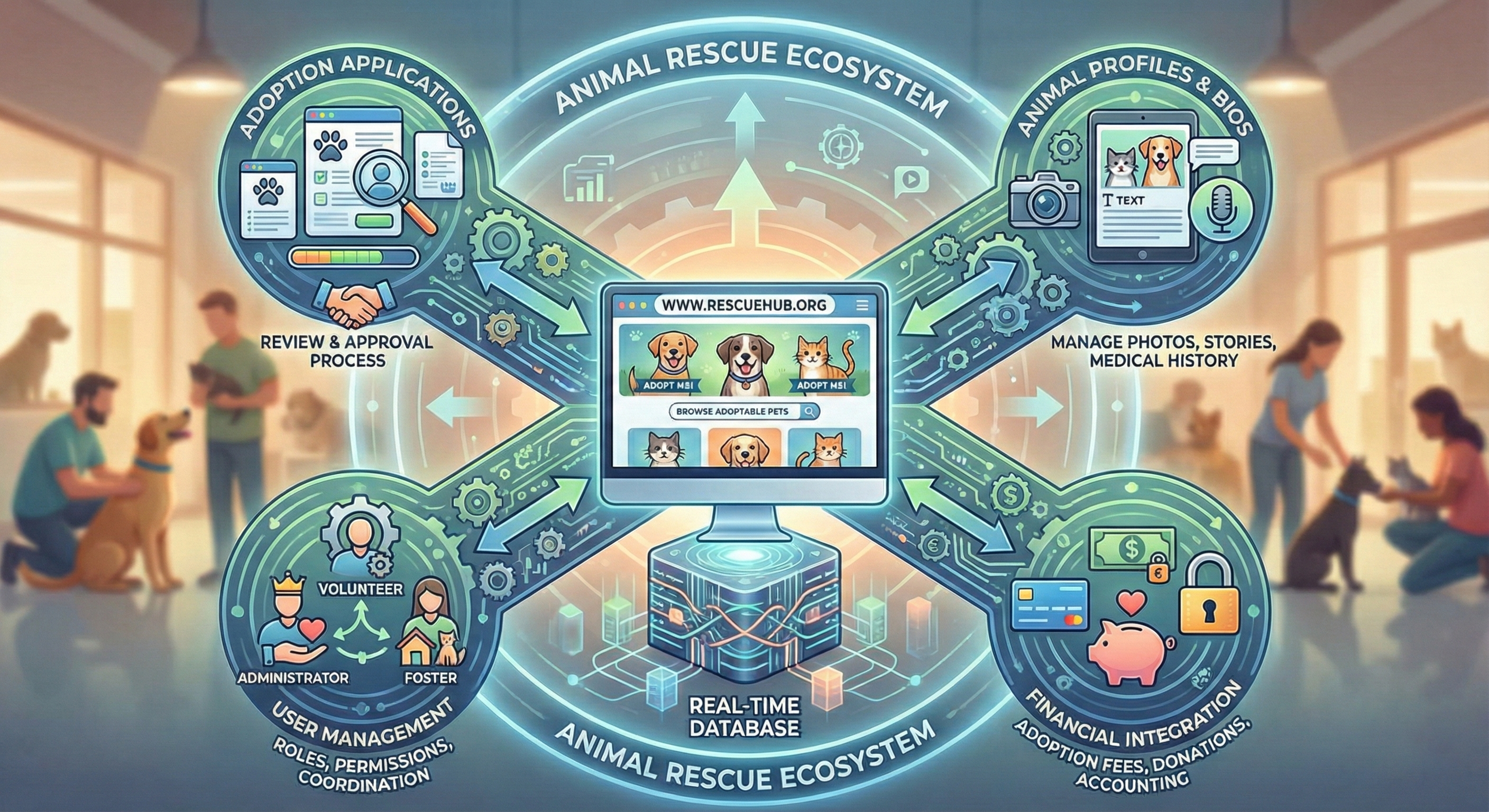 Animal Rescue Sync Ecosystem - showing the complete workflow from adoption applications through animal profiles, volunteer management, foster coordination, to financial integration